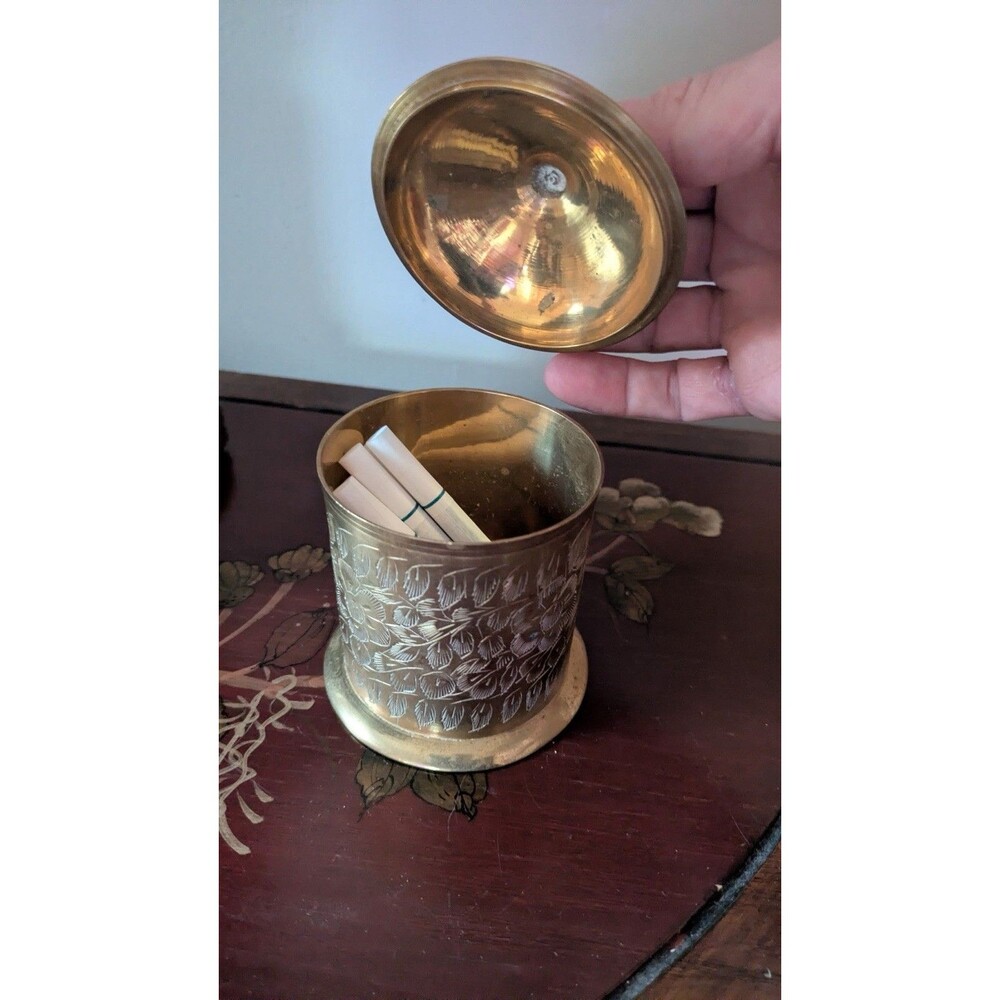 Vintage etched Brass Indian Tobacco Jar Cigarette Holder Trinket Dish w/ Lid